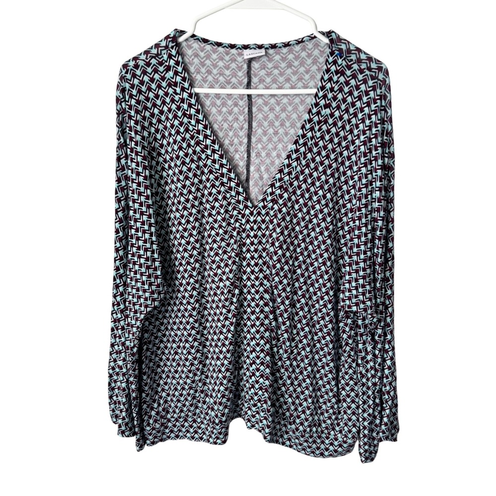 Lascana Womens Geometric Chevron V-Neck Long Sleeve Blouse Teal Burgundy 12/14
